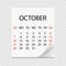 Monthly calendar 2018 with page curl. Tear-off calendar for October. White background.