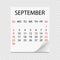 Monthly calendar 2018 with page curl. Tear-off calendar for September. White background.