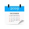 Monthly calendar 2019 with page curl. Tear-off calendar for December. White background. Vector illustration
