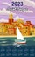 Monthly calendar 2023 year Saint-Tropez France Travel Poster, old city Mediterranean, retro style. Cote d Azur of Travel