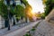 Montmartre district of Paris. Houses on narrow road in Montmartre district of Paris. View of cozy street in quarter Montmartre in