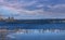 Montreal cityscape with frozen river in the foreground stock images