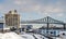 Montreal Old Port view with the yacht club and the Jacques Cartier bridge in winter
