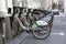 Montreal, Quebec, Canada - 18 July 2016 - Shared bikes are lined