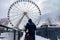 Montreal Quebec Canada January 19 2020: City hard at work removing snow at La grande roue, in old port Montreal after big snowstor