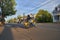 Montreal, Quebec, Canada, September 1, 2018. Woman on a yellow Harley Davidson motorcycle. Moves along the road. Travel