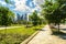 Montreal`s downtown buildings and park on Robert Bourassa boulevard