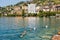 Montreux town landscape and swans on Geneva Lake Swiss Riviera