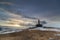 Monument Buzludzha in Balkan mountain at sunset