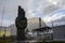 Monument and nuclear reactor under new sarcophagus in Chernobyl Exclusion Zone