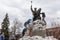 Monument with sandbags to protect against russian shelling in Kyiv