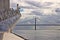 Monument to the Discoveries Padrao dos Descobrimentos at the Tagus river with view on 25th of April Bridge Lisbon - Portugal