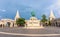 Monument to King Matthias against the background of the towers of the Fisherman`s Bastion in Budapest