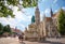 Monument to King Matthias against the background of the towers of the Fisherman`s Bastion in Budapest