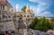 Monument to King Matthias against the background of the towers of the Fisherman`s Bastion in Budapest