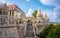 Monument to King Matthias against the background of the towers of the Fisherman`s Bastion in Budapest