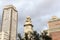 Monument to Miguel de Cervantes between two skyscrapers, Madrid, Spain