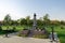 Monument to Peter the First. Military-patriotic park Patriot in Kronstadt. Apple orchard. Russia, Kronstadt, October 1, 2020