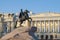 Monument to Peter the Great Bronze Horseman against the backdrop of the building of the Constitutional Court of Russia