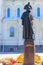 Monument to russian admiral Fyodor Ushakov in front of the Naval cathedral of St. Nicholas in Kronstadt, Russia