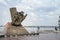 Monument to soldiers killed in afghanistan during the soviet war with the dneper river in background in Dnipro