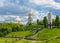 Monument to victims of Holodomor and Kiev-Pechersk Lavra in Kiev