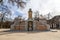 Monumental fountain with stone sculptures in the Retiro Park in Madrid, Spain