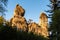 Monumental sandstone rock formation in the miidle of spring forest of Bohemian Paradise, Czech: Cesky raj, Czech
