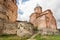 Monumental stone walls of sacred orthodox Church of the Archangels. Built in 16th century, Gremi town, Georgia.