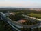 Monza circuit aerial view shot from drone on sunset