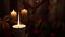 Mood of Christmas: three lit candles, one with big flame in foreground, red and gold baubles, decoupage balls, satin gold ribbon,