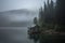 Moody atmospheric evening fog over the lake, concept of Misty haze