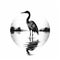 Moody Black And White Heron Illustration In Tondo Style