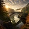 moody bridge over water in the forest creates an enchanting atmosphere where nature\\\'s beauty shines.