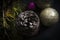 Moody Christmas decorations with selective focus on the center of a pine coneart, background, ball, balls, baubles, black, blurred