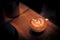 Moody coffee background, latte art on wooden table