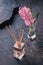 Moody dark background with aroma reed diffuser and pink hyacinth flower in glass on aged textured background. Distressed