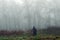 A moody edit of a spooky hooded figure standing on the edge of a forest in the countryside. On a bleak foggy, winters day