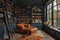 Moody home library with dark shelves a ladder