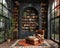 Moody home library with dark shelves a ladder