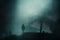 A moody hooded figure. Standing on a hill on a foggy winters night. With a grunge, artistic, edit