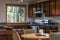 Moody kitchen and dining room wood cabinets for real estate interior design magazine