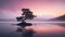 Moody Monotone: Serene Sunrise With Lone Tree In Calm Lake