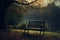 Moody nature envelops an isolated bench, a couple lost within