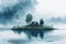 A moody peaceful watercolor scene of a wooden cabin on an island in the middle of a lake