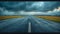 Moody stormy sky over empty highway, cinematic wide angle shot with textured tarmac