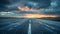 Moody stormy sky over empty highway, wide angle shot with textured road, cinematic feel