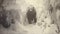 Moody Tonalism: A Bear\\\'s Journey Through Snow-covered Ruins