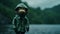 Moody Toy Monkey: A Rainy Pond Portrait In Rap Aesthetics