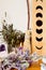 Moon Altar with candles, herbs, witch`s broom and moon phase wo